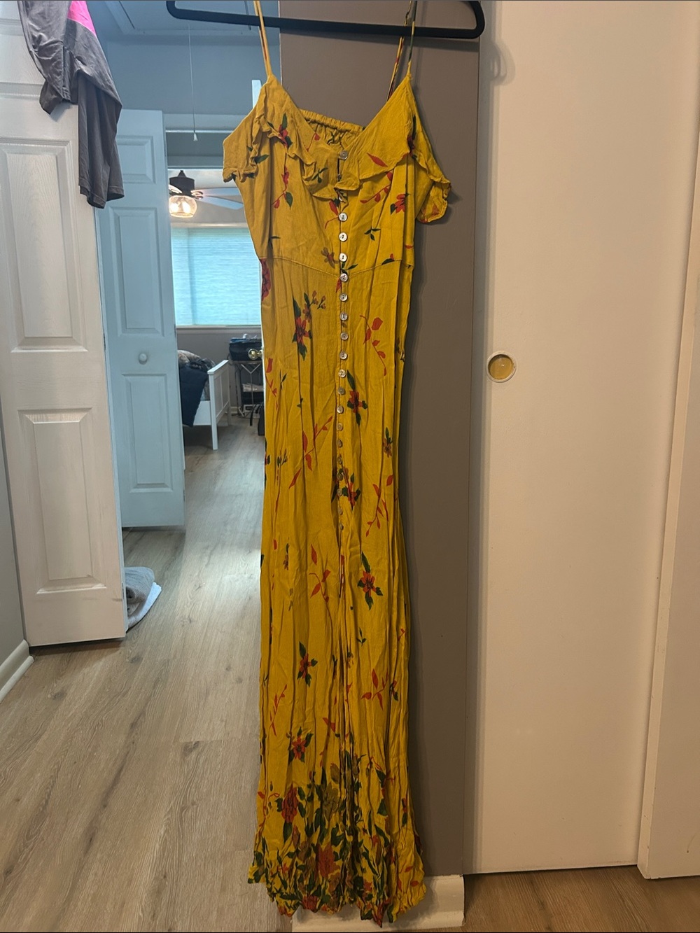 Kimchi Blue Yellow Floral Off-Shoulder Maxi Dress with Buttons